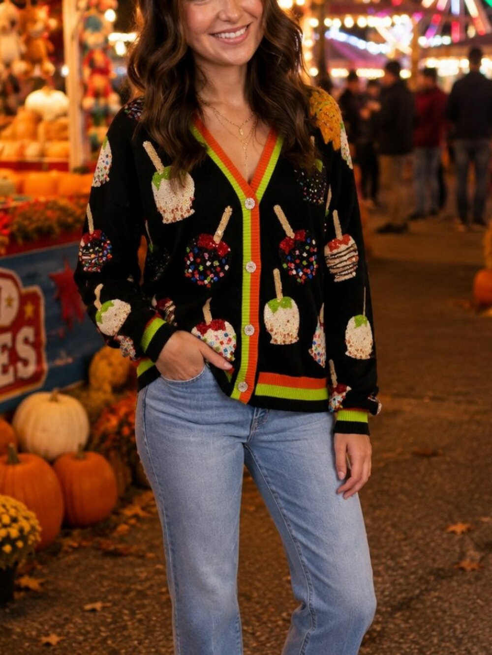 NWT Queen of Sparkles Multi Candy Apples Sequin Button Up Cardigan - Picture 3 of 9